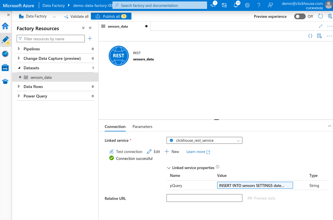 Успешное подключение нового набора данных